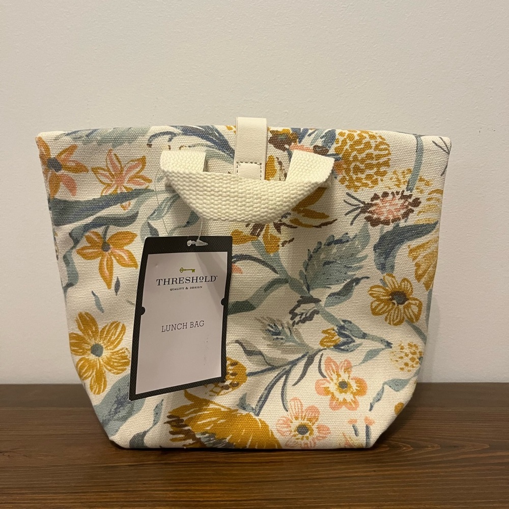 Threshold Printed Roll-Top Lunch Bag Tan, Gold, Blue, Gray Floral Lunch Tote NEW